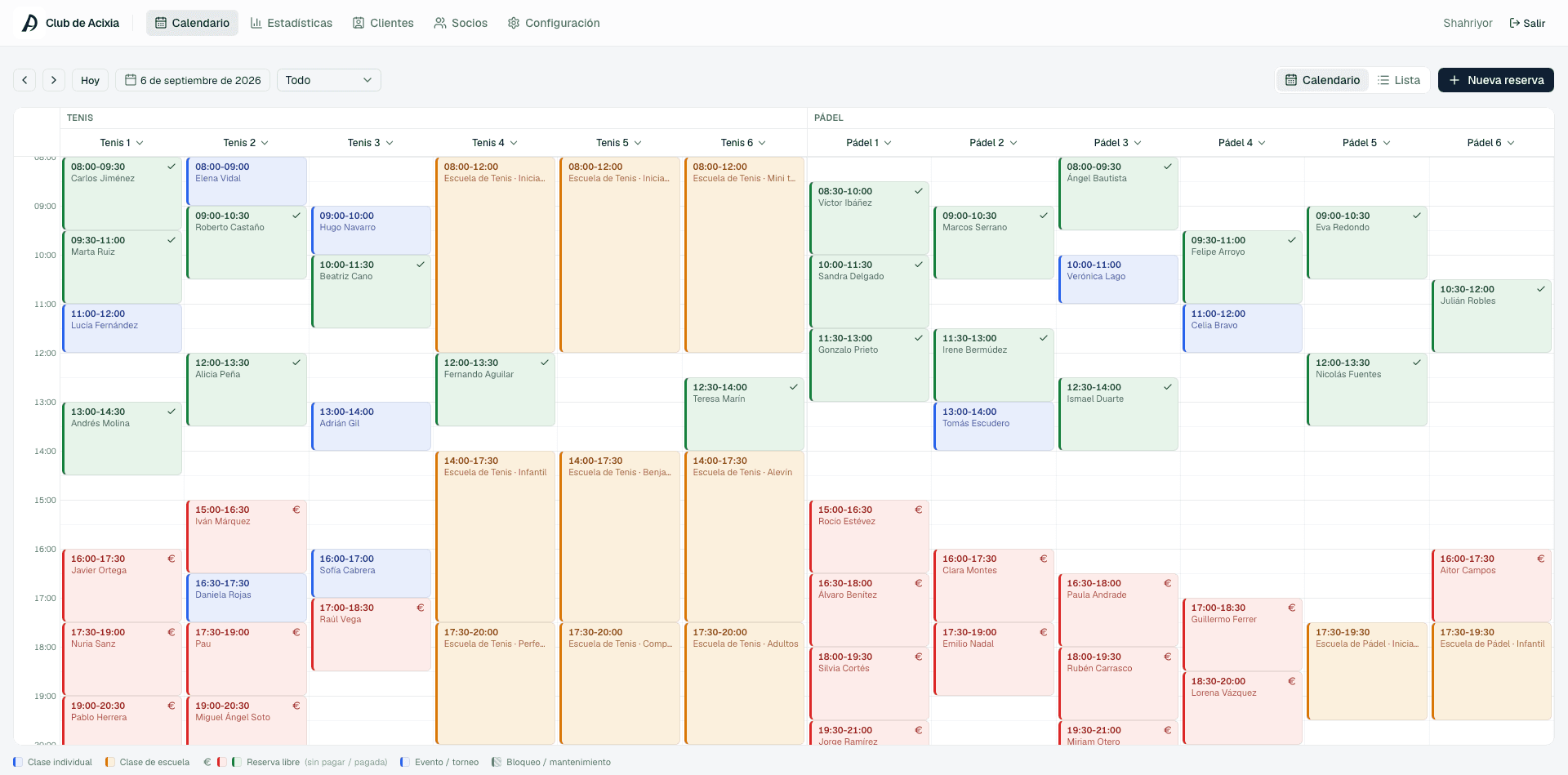 Panel de Acixia: calendario de un día con las reservas de seis pistas de tenis y seis de pádel